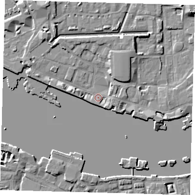 Shaded relief map of the ground around E1W1LY, computed from Environment Agency LiDAR. The ground here sits at about 4 m above sea level and falls 8 m across the surrounding 800 m. Surface water reaching this point runs off ground lying to the west, 1.8 m higher.