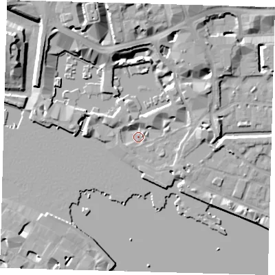 Shaded relief map of the ground around E1W1LZ, computed from Environment Agency LiDAR. The ground here sits at about 4 m above sea level and falls 13 m across the surrounding 800 m. Surface water reaching this point runs off ground lying to the east-north-east, 1.8 m higher.