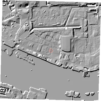 Shaded relief map of the ground around E1W1NA, computed from Environment Agency LiDAR. The ground here sits at about 4 m above sea level and falls 9 m across the surrounding 800 m. Surface water reaching this point runs off ground lying to the south-west, 4.0 m higher.