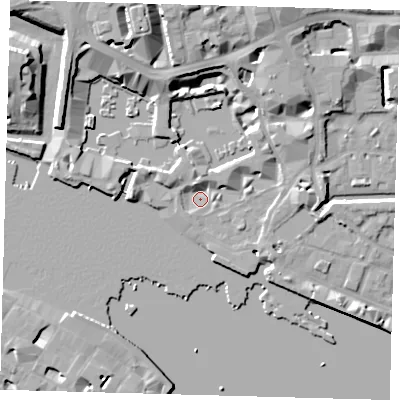 Shaded relief map of the ground around E1W1NB, computed from Environment Agency LiDAR. The ground here sits at about 4 m above sea level and falls 13 m across the surrounding 800 m. Surface water reaching this point runs off ground lying to the north-north-west, 3.5 m higher.