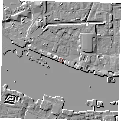 Shaded relief map of the ground around E1W1NG, computed from Environment Agency LiDAR. The ground here sits at about 6 m above sea level and falls 7 m across the surrounding 800 m. Surface water reaching this point runs off ground lying to the west-north-west, 6.7 m higher.