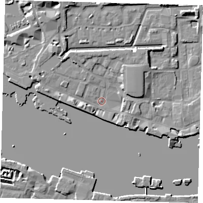 Shaded relief map of the ground around E1W1NH, computed from Environment Agency LiDAR. The ground here sits at about 4 m above sea level and falls 8 m across the surrounding 800 m. Surface water reaching this point runs off ground lying to the south-west, 3.4 m higher.
