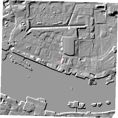 Shaded relief map of the ground around E1W1NR, computed from Environment Agency LiDAR. The ground here sits at about 3 m above sea level and falls 8 m across the surrounding 800 m. Surface water reaching this point runs off ground lying to the west, 4.8 m higher.