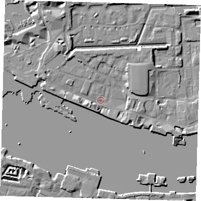 Shaded relief map of the ground around E1W1NS, computed from Environment Agency LiDAR. The ground here sits at about 3 m above sea level and falls 8 m across the surrounding 800 m. Surface water reaching this point runs off ground lying to the south-south-west, 3.4 m higher.