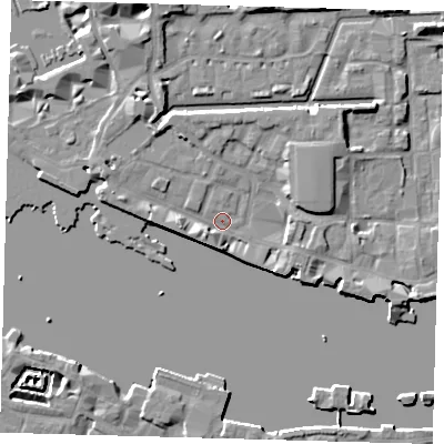 Shaded relief map of the ground around E1W1NT, computed from Environment Agency LiDAR. The ground here sits at about 3 m above sea level and falls 8 m across the surrounding 800 m. Surface water reaching this point runs off ground lying to the south-west, 4.0 m higher.