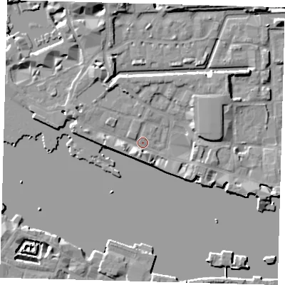Shaded relief map of the ground around E1W1NU, computed from Environment Agency LiDAR. The ground here sits at about 3 m above sea level and falls 8 m across the surrounding 800 m. Surface water reaching this point runs off ground lying to the west-south-west, 3.5 m higher.