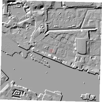 Shaded relief map of the ground around E1W1NX, computed from Environment Agency LiDAR. The ground here sits at about 4 m above sea level and falls 9 m across the surrounding 800 m. Surface water reaching this point runs off ground lying to the south, 3.7 m higher.
