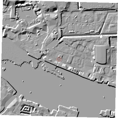 Shaded relief map of the ground around E1W1NY, computed from Environment Agency LiDAR. The ground here sits at about 4 m above sea level and falls 10 m across the surrounding 800 m. Surface water reaching this point runs off ground lying to the south, 2.4 m higher.