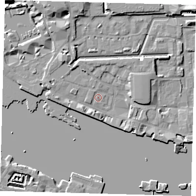 Shaded relief map of the ground around E1W1NZ, computed from Environment Agency LiDAR. The ground here sits at about 4 m above sea level and falls 9 m across the surrounding 800 m. Surface water reaching this point runs off ground lying to the south-west, 3.5 m higher.
