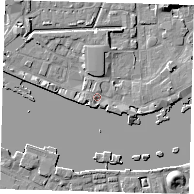 Shaded relief map of the ground around E1W1PN, computed from Environment Agency LiDAR. The ground here sits at about 5 m above sea level and falls 9 m across the surrounding 800 m. Surface water reaching this point runs off ground lying to the west-north-west, 1.5 m higher.