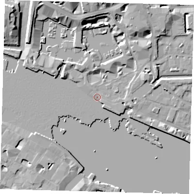 Shaded relief map of the ground around E1W1UE, computed from Environment Agency LiDAR. The ground here sits at about 4 m above sea level and falls 12 m across the surrounding 800 m. Surface water reaching this point runs off ground lying to the north-north-east, 7.4 m higher.
