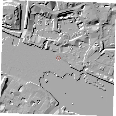 Shaded relief map of the ground around E1W1UF, computed from Environment Agency LiDAR. The ground here sits at about 3 m above sea level and falls 12 m across the surrounding 800 m. Surface water reaching this point runs off ground lying to the north-north-east, 1.8 m higher.
