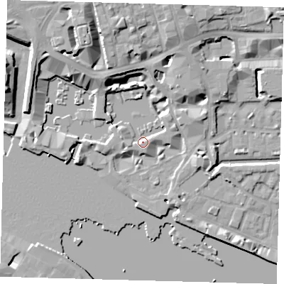 Shaded relief map of the ground around E1W1UG, computed from Environment Agency LiDAR. The ground here sits at about 6 m above sea level and falls 13 m across the surrounding 800 m. Surface water reaching this point runs off ground lying to the west-south-west, 4.7 m higher.