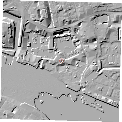 Shaded relief map of the ground around E1W1UH, computed from Environment Agency LiDAR. The ground here sits at about 6 m above sea level and falls 13 m across the surrounding 800 m. Surface water reaching this point runs off ground lying to the east, 4.8 m higher.