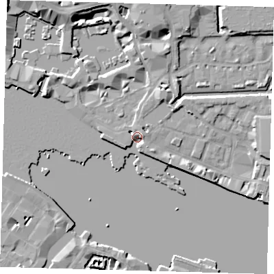 Shaded relief map of the ground around E1W1UJ, computed from Environment Agency LiDAR. The ground here sits at about 5 m above sea level and falls 11 m across the surrounding 800 m. Surface water reaching this point runs off ground lying to the east-north-east, 2.9 m higher.
