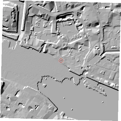 Shaded relief map of the ground around E1W1UQ, computed from Environment Agency LiDAR. The ground here sits at about 4 m above sea level and falls 12 m across the surrounding 800 m. Surface water reaching this point runs off ground lying to the north-north-west, 1.8 m higher.