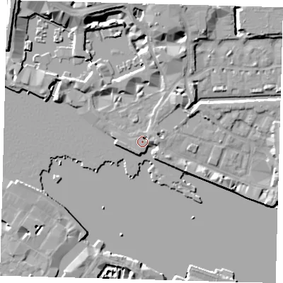 Shaded relief map of the ground around E1W1UR, computed from Environment Agency LiDAR. The ground here sits at about 5 m above sea level and falls 11 m across the surrounding 800 m. Surface water reaching this point runs off ground lying to the east, 4.3 m higher.