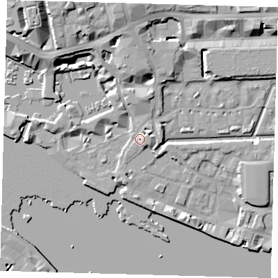 Shaded relief map of the ground around E1W1YD, computed from Environment Agency LiDAR. The ground here sits at about 6 m above sea level and falls 13 m across the surrounding 800 m. Surface water reaching this point runs off ground lying to the north-east, 2.6 m higher.