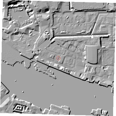 Shaded relief map of the ground around E1W1YP, computed from Environment Agency LiDAR. The ground here sits at about 4 m above sea level and falls 9 m across the surrounding 800 m. Surface water reaching this point runs off ground lying to the south-west, 2.4 m higher.