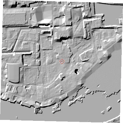 Shaded relief map of the ground around E1W2AB, computed from Environment Agency LiDAR. The ground here sits at about 3 m above sea level and falls 24 m across the surrounding 800 m. Surface water reaching this point runs off ground lying to the south-west, 4.1 m higher.