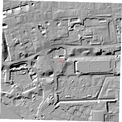 Shaded relief map of the ground around E1W2AE, computed from Environment Agency LiDAR. The ground here sits at about 7 m above sea level and falls 14 m across the surrounding 800 m. Surface water reaching this point runs off ground lying to the east, 5.1 m higher.