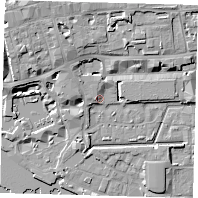 Shaded relief map of the ground around E1W2AW, computed from Environment Agency LiDAR. The ground here sits at about 6 m above sea level and falls 14 m across the surrounding 800 m. Surface water reaching this point runs off ground lying to the north-west, 7.7 m higher.