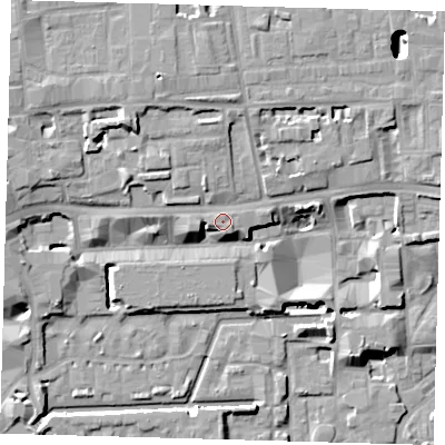 Shaded relief map of the ground around E1W2AX, computed from Environment Agency LiDAR. The ground here sits at about 10 m above sea level and falls 18 m across the surrounding 800 m. Surface water reaching this point runs off ground lying to the south-south-east, 0.7 m higher.