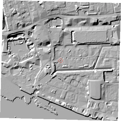 Shaded relief map of the ground around E1W2JA, computed from Environment Agency LiDAR. The ground here sits at about 4 m above sea level and falls 12 m across the surrounding 800 m. Surface water reaching this point runs off ground lying to the north-north-west, 7.7 m higher.