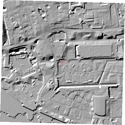 Shaded relief map of the ground around E1W2JB, computed from Environment Agency LiDAR. The ground here sits at about 4 m above sea level and falls 14 m across the surrounding 800 m. Surface water reaching this point runs off ground lying to the north-north-west, 7.7 m higher.
