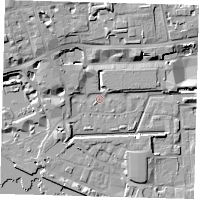 Shaded relief map of the ground around E1W2JD, computed from Environment Agency LiDAR. The ground here sits at about 4 m above sea level and falls 14 m across the surrounding 800 m. Surface water reaching this point runs off ground lying to the north-west, 8.7 m higher.
