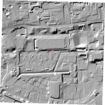 Shaded relief map of the ground around E1W2JF, computed from Environment Agency LiDAR. The ground here sits at about 4 m above sea level and falls 14 m across the surrounding 800 m. Surface water reaching this point runs off ground lying to the west-north-west, 8.7 m higher.