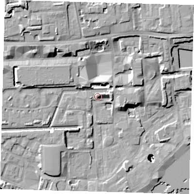 Shaded relief map of the ground around E1W2JG, computed from Environment Agency LiDAR. The ground here sits at about 6 m above sea level and falls 28 m across the surrounding 800 m. Surface water reaching this point runs off ground lying to the east, 4.8 m higher.