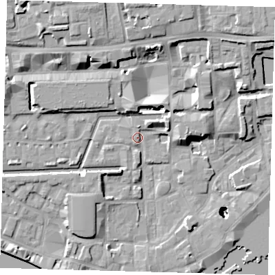 Shaded relief map of the ground around E1W2JH, computed from Environment Agency LiDAR. The ground here sits at about 4 m above sea level and falls 26 m across the surrounding 800 m. Surface water reaching this point runs off ground lying to the east-north-east, 4.8 m higher.