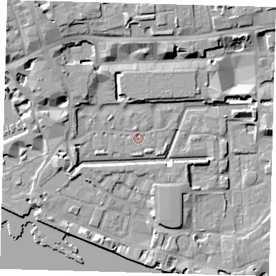 Shaded relief map of the ground around E1W2JJ, computed from Environment Agency LiDAR. The ground here sits at about 3 m above sea level and falls 12 m across the surrounding 800 m. Surface water reaching this point runs off ground lying to the east-south-east, 4.8 m higher.