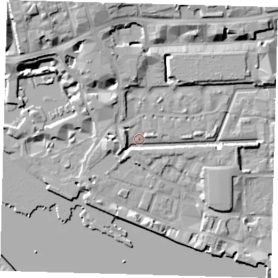 Shaded relief map of the ground around E1W2JL, computed from Environment Agency LiDAR. The ground here sits at about 3 m above sea level and falls 12 m across the surrounding 800 m. Surface water reaching this point runs off ground lying to the east-south-east, 4.6 m higher.