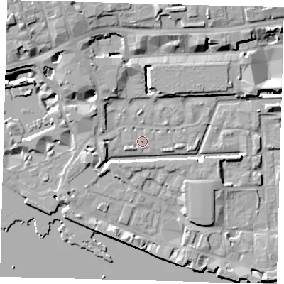 Shaded relief map of the ground around E1W2JN, computed from Environment Agency LiDAR. The ground here sits at about 4 m above sea level and falls 12 m across the surrounding 800 m. Surface water reaching this point runs off ground lying to the south, 4.6 m higher.