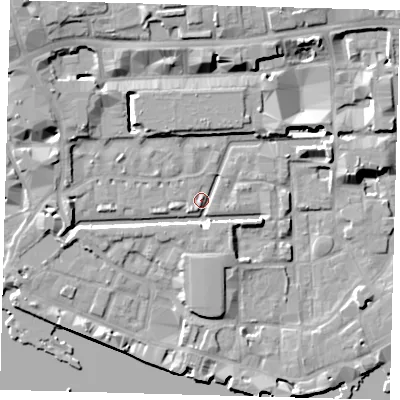 Shaded relief map of the ground around E1W2JP, computed from Environment Agency LiDAR. The ground here sits at about 4 m above sea level and falls 12 m across the surrounding 800 m. Surface water reaching this point runs off ground lying to the east-south-east, 4.8 m higher.