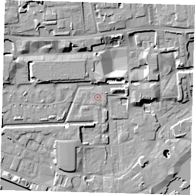 Shaded relief map of the ground around E1W2JQ, computed from Environment Agency LiDAR. The ground here sits at about 4 m above sea level and falls 28 m across the surrounding 800 m. Surface water reaching this point runs off ground lying to the south-west, 0.8 m higher.