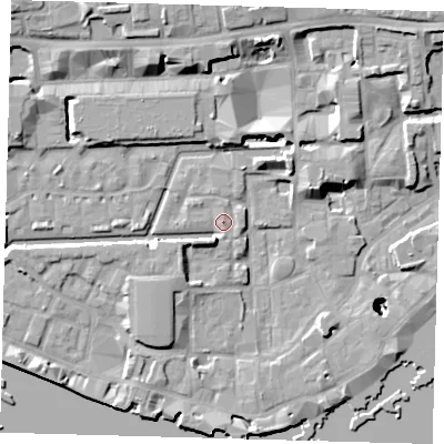 Shaded relief map of the ground around E1W2JR, computed from Environment Agency LiDAR. The ground here sits at about 4 m above sea level and falls 26 m across the surrounding 800 m. Surface water reaching this point runs off ground lying to the east, 0.7 m higher.