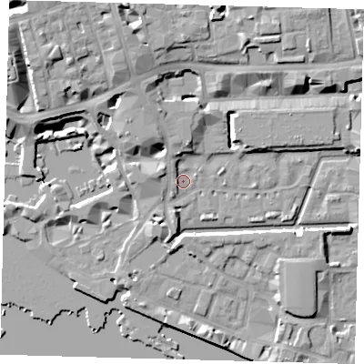 Shaded relief map of the ground around E1W2JS, computed from Environment Agency LiDAR. The ground here sits at about 4 m above sea level and falls 13 m across the surrounding 800 m. Surface water reaching this point runs off ground lying to the north-north-west, 7.6 m higher.