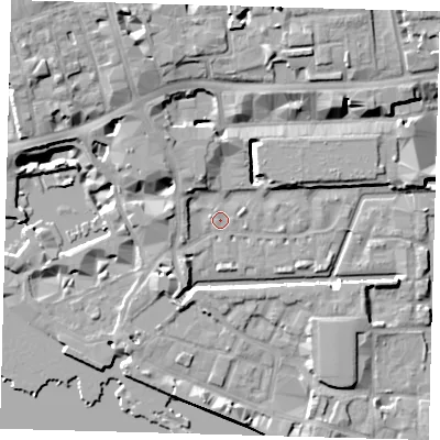 Shaded relief map of the ground around E1W2JT, computed from Environment Agency LiDAR. The ground here sits at about 4 m above sea level and falls 12 m across the surrounding 800 m. Surface water reaching this point runs off ground lying to the north-west, 7.7 m higher.