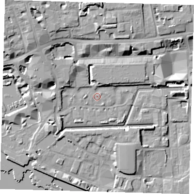 Shaded relief map of the ground around E1W2JU, computed from Environment Agency LiDAR. The ground here sits at about 4 m above sea level and falls 14 m across the surrounding 800 m. Surface water reaching this point runs off ground lying to the south-west, 4.3 m higher.