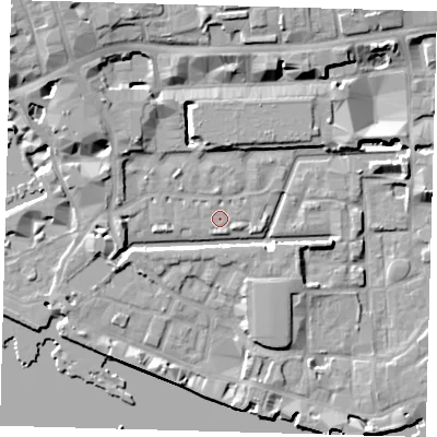 Shaded relief map of the ground around E1W2JW, computed from Environment Agency LiDAR. The ground here sits at about 4 m above sea level and falls 12 m across the surrounding 800 m. Surface water reaching this point runs off ground lying to the east-south-east, 4.8 m higher.