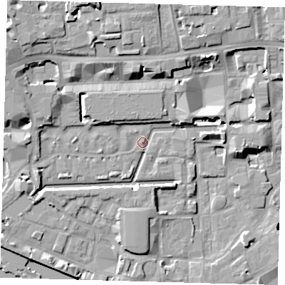 Shaded relief map of the ground around E1W2JX, computed from Environment Agency LiDAR. The ground here sits at about 4 m above sea level and falls 19 m across the surrounding 800 m. Surface water reaching this point runs off ground lying to the south-south-east, 4.8 m higher.