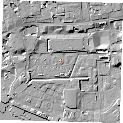 Shaded relief map of the ground around E1W2JZ, computed from Environment Agency LiDAR. The ground here sits at about 4 m above sea level and falls 13 m across the surrounding 800 m. Surface water reaching this point runs off ground lying to the south-west, 4.6 m higher.