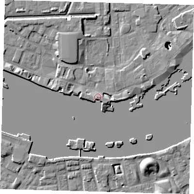 Shaded relief map of the ground around E1W2NB, computed from Environment Agency LiDAR. The ground here sits at about 6 m above sea level and falls 22 m across the surrounding 800 m. Surface water reaching this point runs off ground lying to the west-north-west, 4.8 m higher.