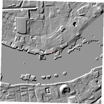 Shaded relief map of the ground around E1W2ND, computed from Environment Agency LiDAR. The ground here sits at about 5 m above sea level and falls 22 m across the surrounding 800 m. Surface water reaching this point runs off ground lying to the west, 3.7 m higher.