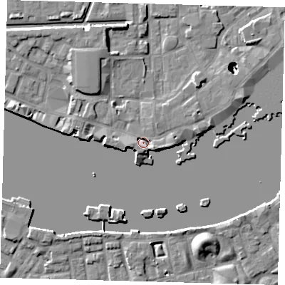 Shaded relief map of the ground around E1W2NE, computed from Environment Agency LiDAR. The ground here sits at about 3 m above sea level and falls 22 m across the surrounding 800 m. Surface water reaching this point runs off ground lying to the east-south-east, 3.7 m higher.