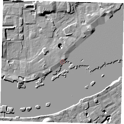 Shaded relief map of the ground around E1W2NH, computed from Environment Agency LiDAR. The ground here sits at about 3 m above sea level and falls 22 m across the surrounding 800 m. Surface water reaching this point runs off ground lying to the north-north-east, 3.2 m higher.