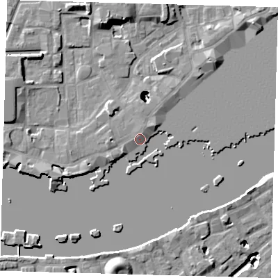 Shaded relief map of the ground around E1W2NJ, computed from Environment Agency LiDAR. The ground here sits at about 4 m above sea level and falls 22 m across the surrounding 800 m. Surface water reaching this point runs off ground lying to the west, 3.2 m higher.